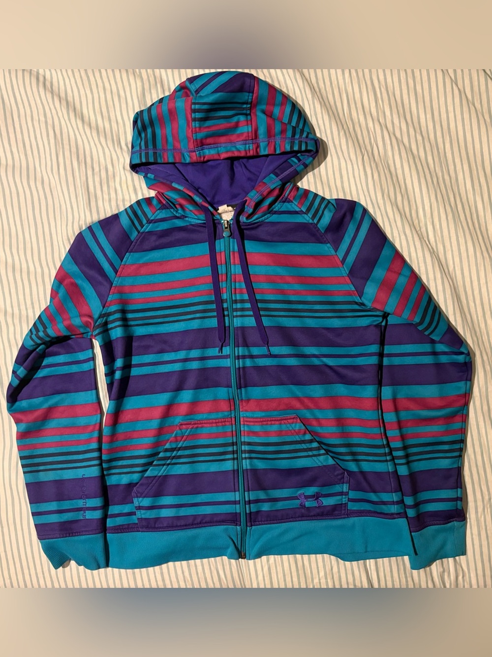 Under Armour Full Zip Hoodie Women’s Medium Purple Teal Striped Athletic Jacket